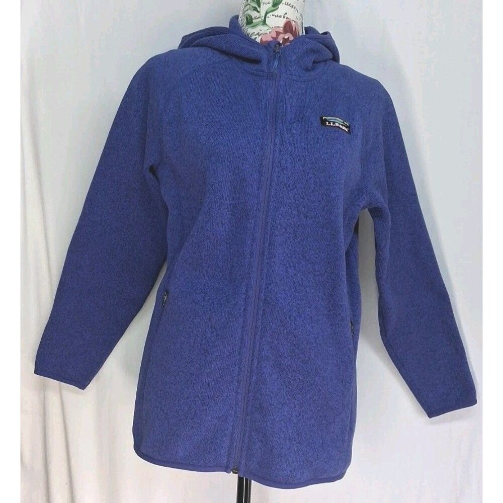 LL Bean Full Zip Sweater Jacket Women L Blue Fleece Lined Pockets Outdoor Casual